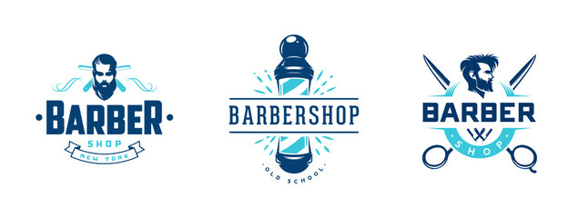 Set of vintage barber shop badges and emblems isolated on white