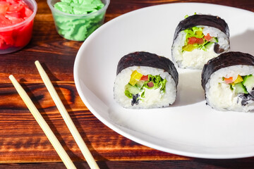 sushi on a wooden background close up