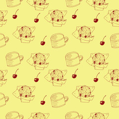 Cherry muffin and coffee seamless pattern, vector illustration, hand drawing, beige and red color