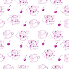 Cherry muffin and coffee seamless pattern, vector illustration, hand drawing, purple color