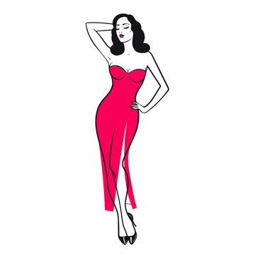 Brunette in a red dress. Beautiful woman on a white background. Vector illustration.