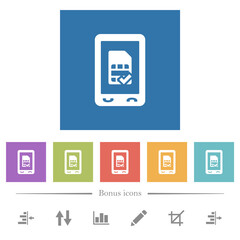 Mobile simcard accepted flat white icons in square backgrounds