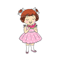 Little cute Girl with watermelon on a white background. Vector illustration.