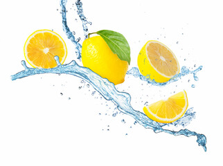 Fresh lemon and water splash on white background.