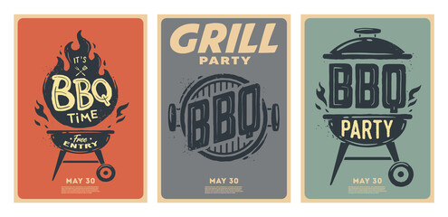 Set of barbecue posters. BBQ time. Barbecue party. Vintage poster. - obrazy, fototapety, plakaty