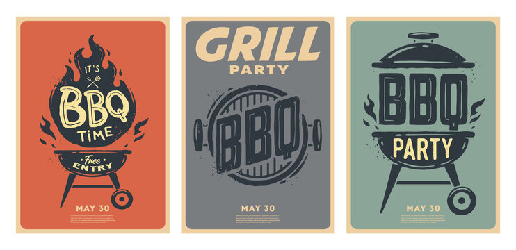 Set of barbecue posters. BBQ time. Barbecue party. Vintage poster.