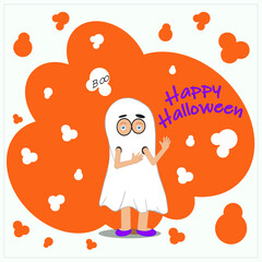 White Halloween kids card with orange elements. A child in a ghost costume is hiding behind a wall. Top text boo.Happy Halloween text to the right. Flat vector illustration layered.Each layer is named