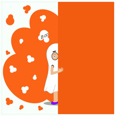 White Halloween kids card with orange elements.A child in a ghost costume is hiding behind a wall.Top text boo.Happy Halloween text behind the wall.Flat vector illustration layered.Each layer is named