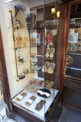 Japanese wooden geta shoes in a store in Japan.