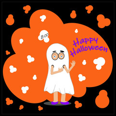 Black Halloween kids card with orange elements.A child in a ghost costume is hiding behind a wall.Top text boo. Happy Halloween text to the right.Flat vector illustration layered.Each layer is named