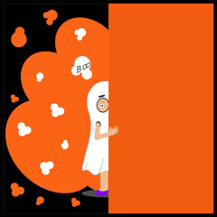Black Halloween kids card with orange elements.A child in a ghost costume is hiding behind a wall.Top text boo.Happy Halloween text behind the wall.Flat vector illustration layered.Each layer is named