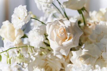 Wedding flower arrangement and decoration. Empty copyspace and space for text. Holiday accessories and backgrounds