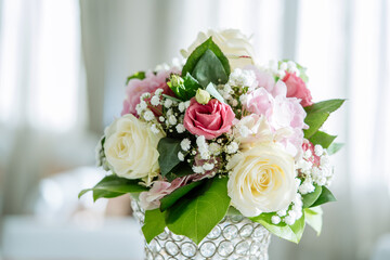 Flower decor on a table in a wedding party restaurant