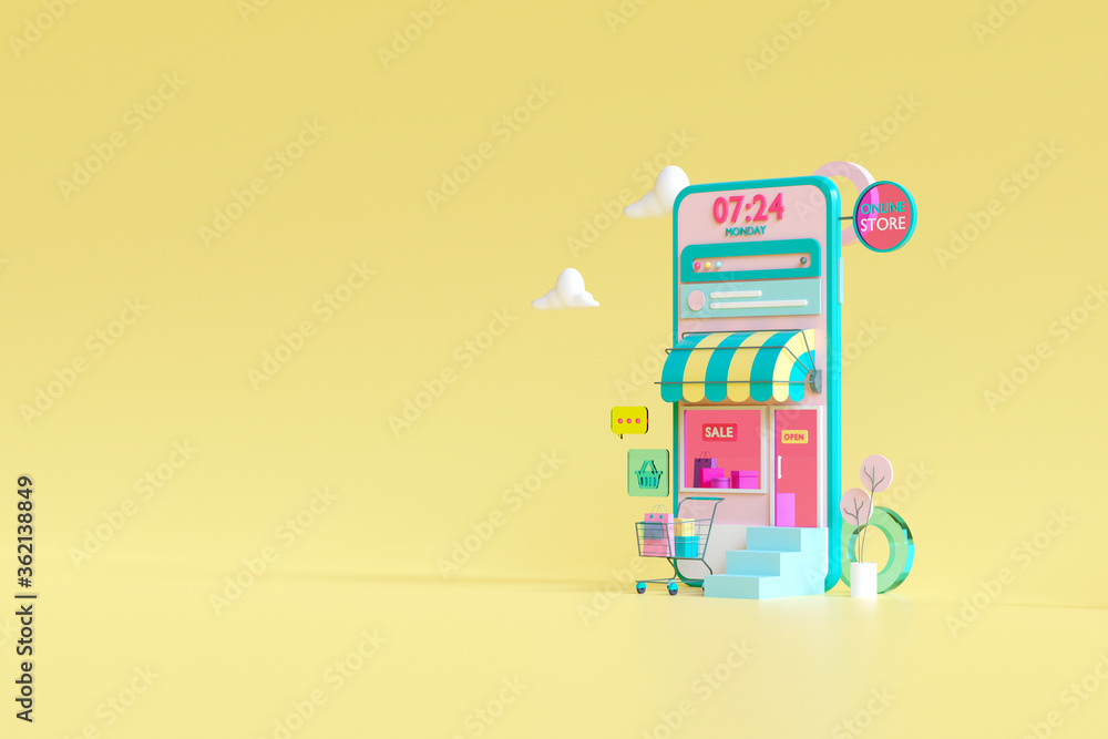 Poster shopping on-line online store on website mobile application 3d rendering.