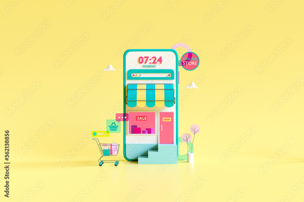 Poster shopping on-line online store on website mobile application 3d rendering.