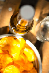 Bad food rest with beer chips and watching football after quarantine