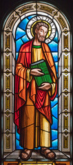 BARCELONA, SPAIN - MARCH 3, 2020: The St. Matthew the evangelist on the stained glass in the church...