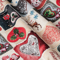 Fototapeta na wymiar Christmas hearts Fabric with natural texture, Cloth backdrop