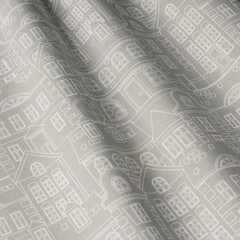 Drawn houses on a gray background. Fabric with natural texture, Cloth backdrop