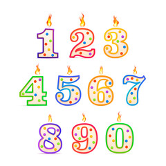 The birthday candles in the different numbers form with fire on white