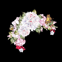 
Beautiful watercolor card with Peony, rose and leaves. Wedding wreath. 