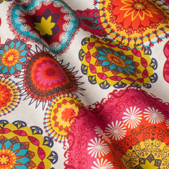 Drawing colorful flowers on the fabric. Fabric with natural texture, Cloth backdrop.