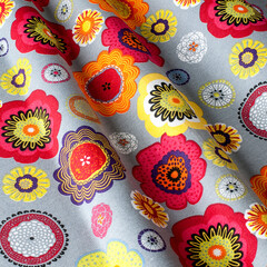 Fabric with natural texture, Cloth backdrop. Drawing of colorful chamomile flowers on the fabric.