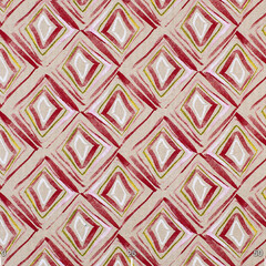 Drawing ornament on fabric red rhombuses. Fabric with natural texture, Cloth backdrop.