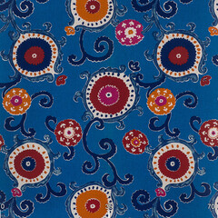 Drawing ornament on fabric blue flowers. Fabric with natural texture, Cloth backdrop.