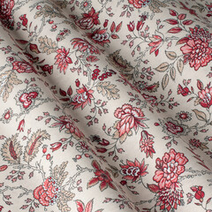 Drawing on the fabric beautiful small flowers on a white background. Fabric with natural texture, Cloth backdrop.