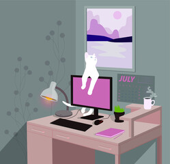 Home workplace. Computer code, steaming cup of coffee, keyboard and mouse on the table. White cat on the desktop. Painting and calendar on the wall.