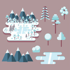Flat style landscape illustration. Flat winter forest scenic with mountains and frozen lake.