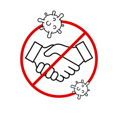 No handshake sign in a red circle. Stop handshakes symbol with a coronavirus line icon. Covid - 19 prevention. Avoid touching other people hands. Safety measures. Vector illustration, flat, clip art. 