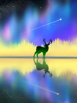 Under auroral sky, silhouette of deer reflected on water	