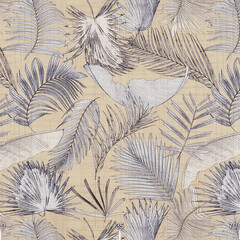  Pattern on fabric large leaves on a beige background. Fabric with natural texture, Cloth backdrop.