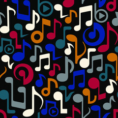 Vector seamless pattern with  colorful musical notes in diverse shapes isolated on black background