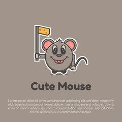 Vector illustration of cute mouse with cheese flag logo, icon, sticker design template.