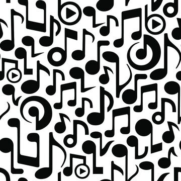 Vector seamless pattern with black musical notes in diverse shapes isolated on white background