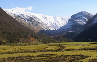 Obraz premium A snowy winter view of Borrowdale in the Lake District, Cumbria, England, UK