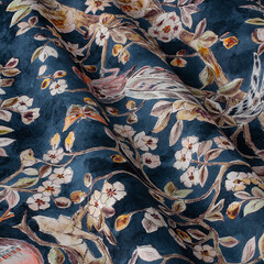Drawing on fabric large flowers on a blue background. Fabric with natural texture, Cloth backdrop.