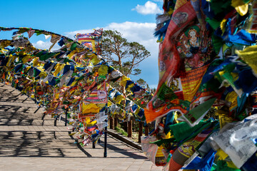 prayer flags with buddhist inscriptions on the background of trees