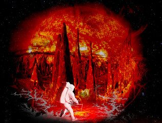 Astronaut stands on alien red planet. Elements of this image furnished by NASA.