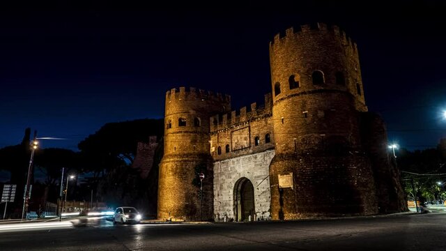 Timelapse of night traffic around Porta San Paolo, Rome