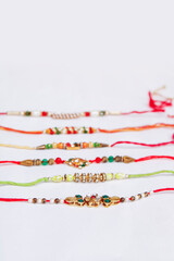 Close up portrait group of colourful rakhi with white background