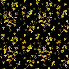 Seamless floral pattern on black background with yellow flowers forsythia.