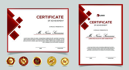 Certificate of appreciation template, gold and red color. Clean modern certificate with gold badge. Certificate border template with luxury and modern line pattern. Diploma vector template