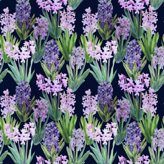 Obraz premium Seamless pattern with spring flowers. Watercolor with blossoming hyacinths on black background.