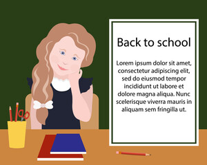 Vector illustration of a schoolgirl sitting at a school desk. Banner or poster with place for text. Template. Back to school. School education