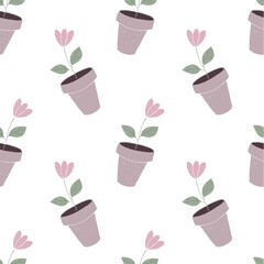 Seamless pattern flowers in a pot. Home plants. Comfort.