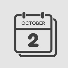 Calendar icon day 2 October, template icon date